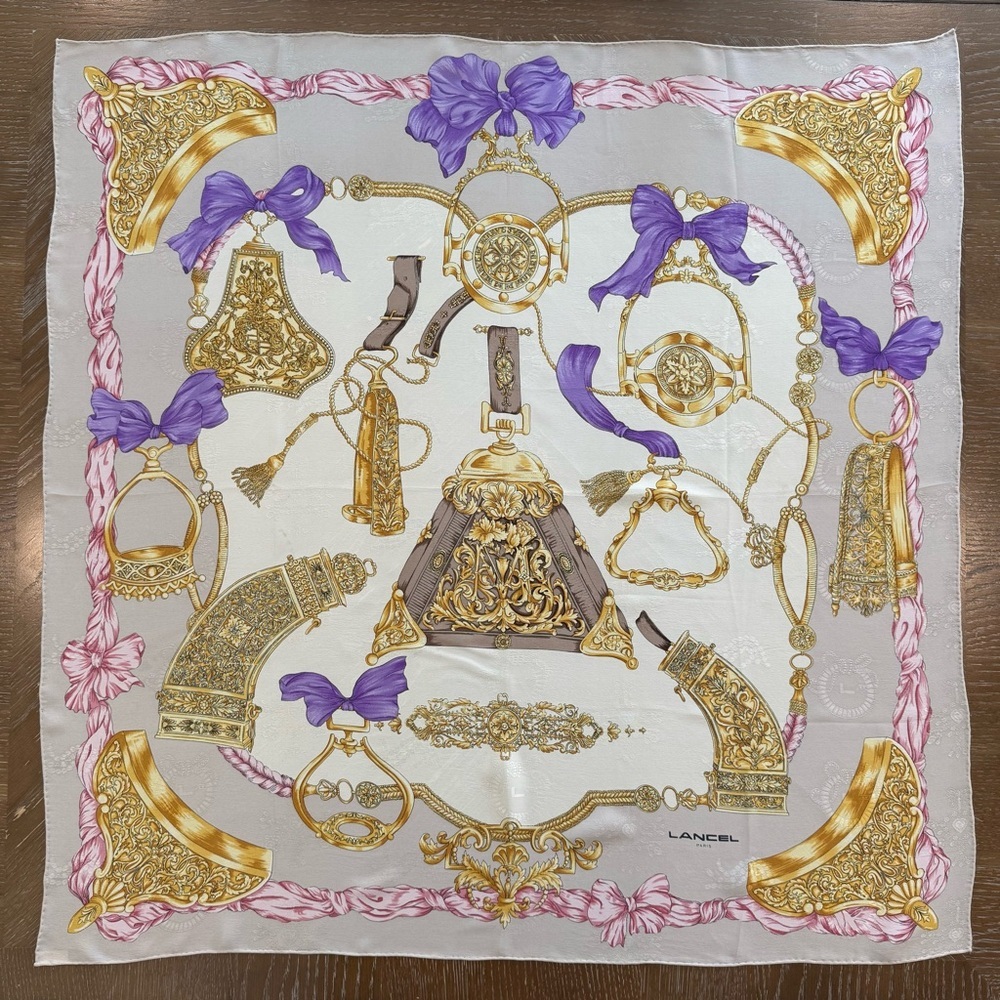 Authentic Lancel Silk Scarf with Gold and Pink Design - Picture 1 of 11